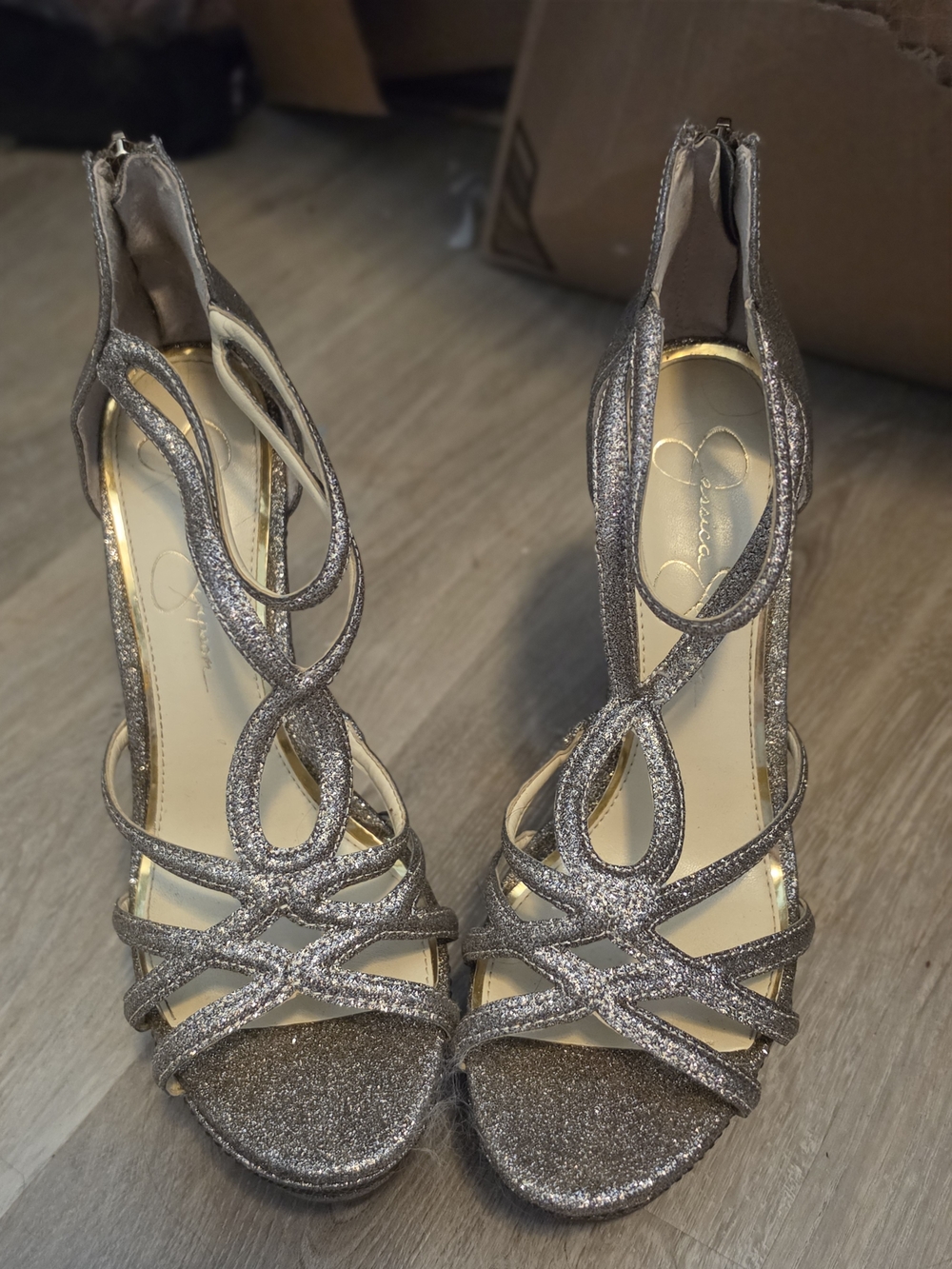 Women's Glitter Strappy High-Heel Sandals - Silver Size 9
